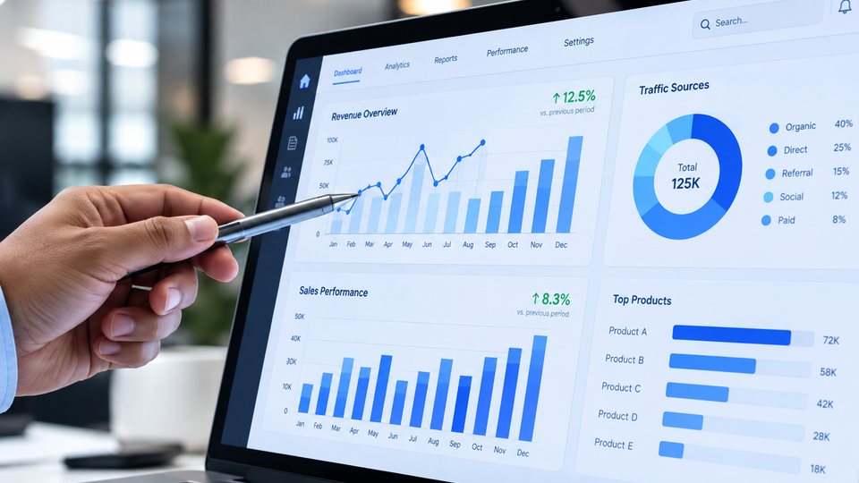 A person pointing at revenue and traffic dashboards on a laptop