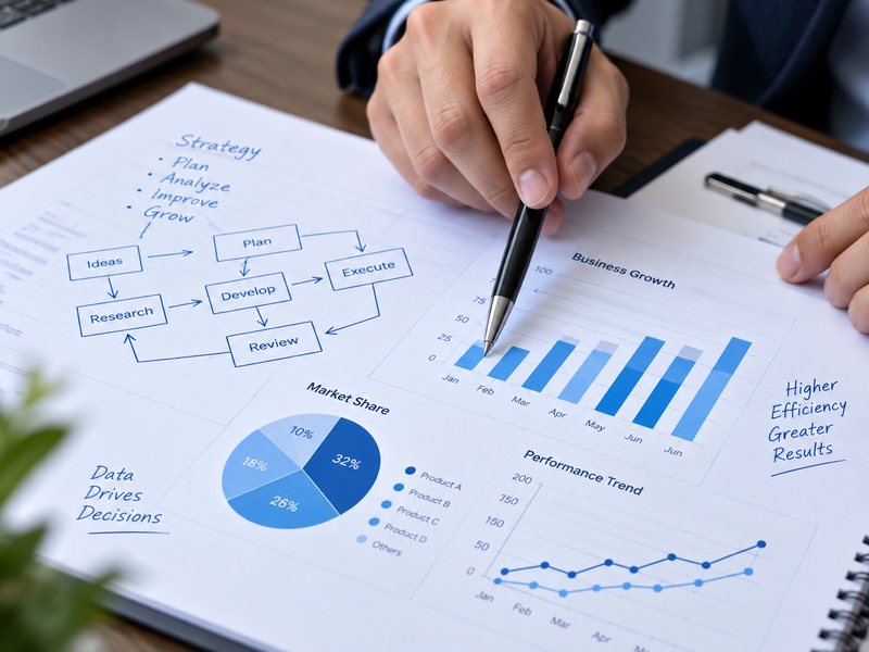 A hand-drawn strategy plan and growth charts on a desk
