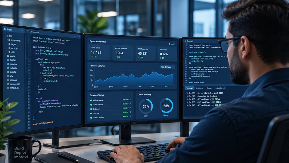 An engineer at a desk with code and a monitoring dashboard on screen