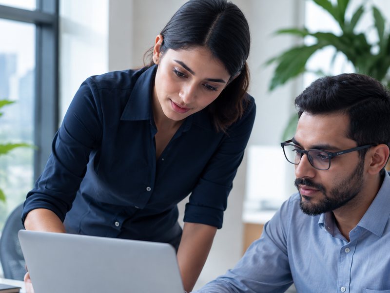 Two colleagues working through a problem together at a laptop