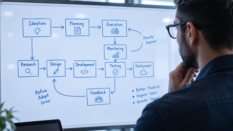 A person studying a process flowchart on a whiteboard