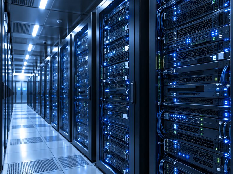 A row of server racks in a data center