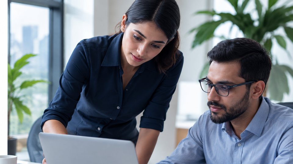 Two colleagues reviewing work together at a laptop