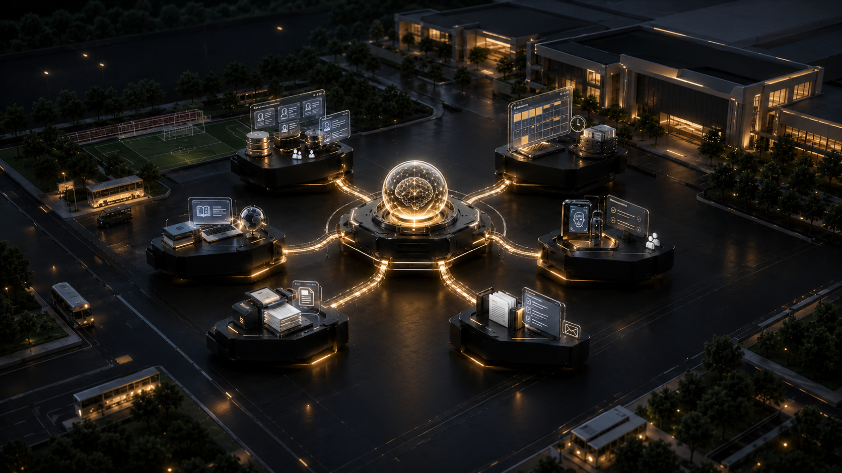 The SID system seen across the wider campus at night.